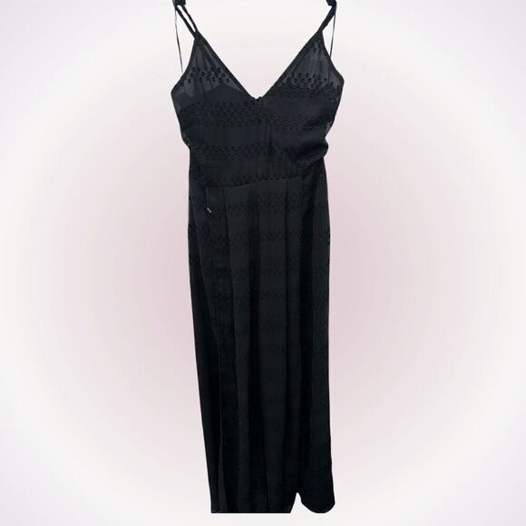 Superdown v-neck spaghetti strap black textured jumpsuit with cross front open l